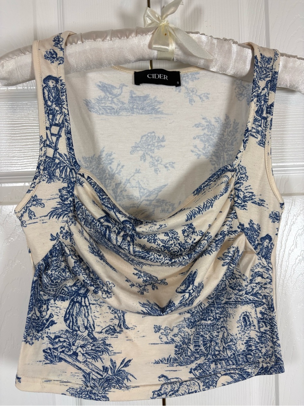 Cider Blue & Cream Draped Cowl Toile Tank